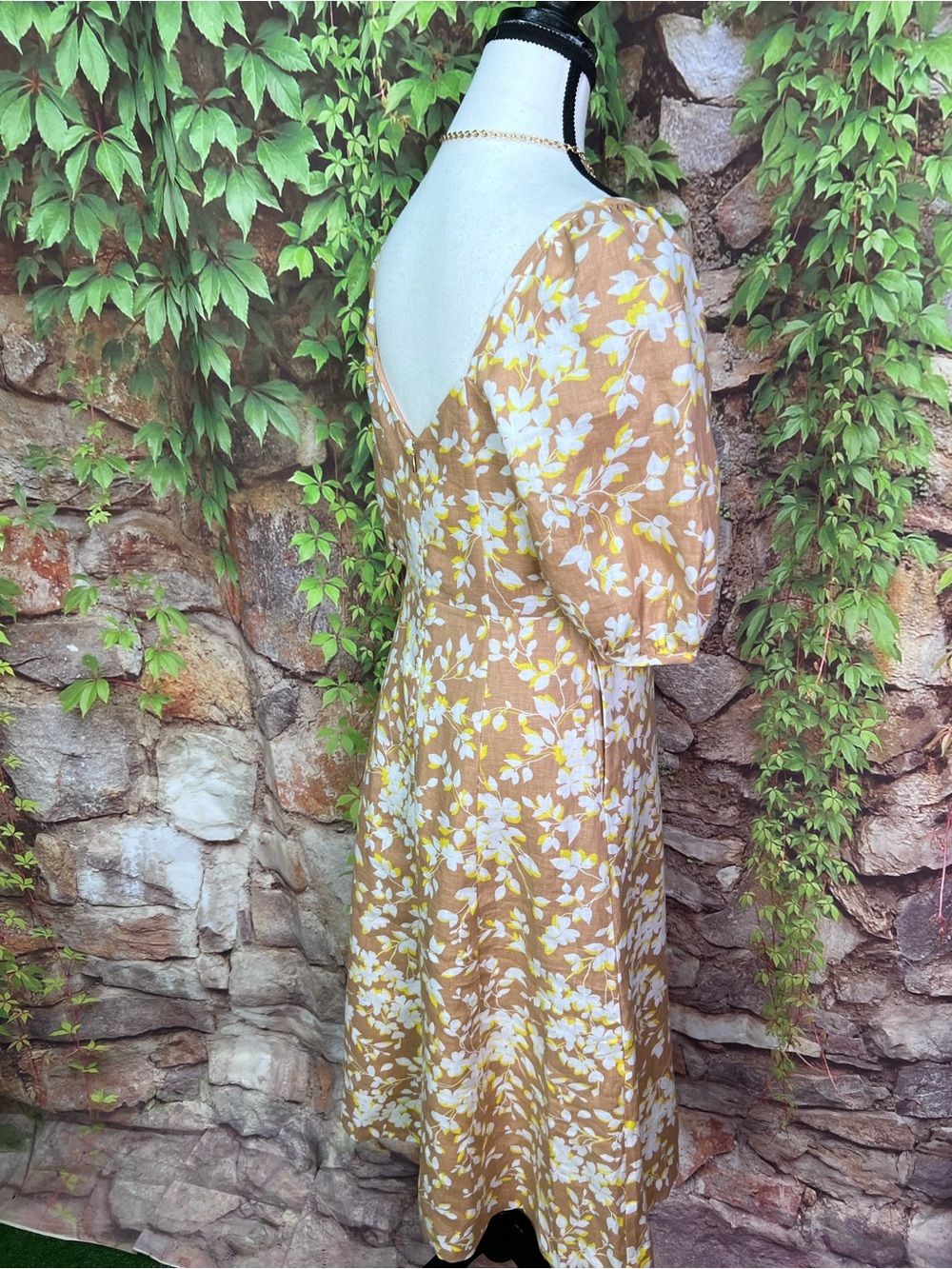 DRAPER JAMES Camel Cottagecore Floral Linen Sweetheart Neckline Dress, 2 - Picture 9 of 14